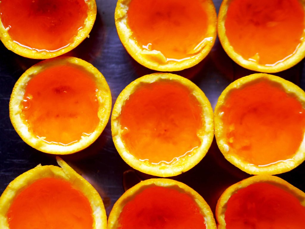 Orange halves filled with jello.